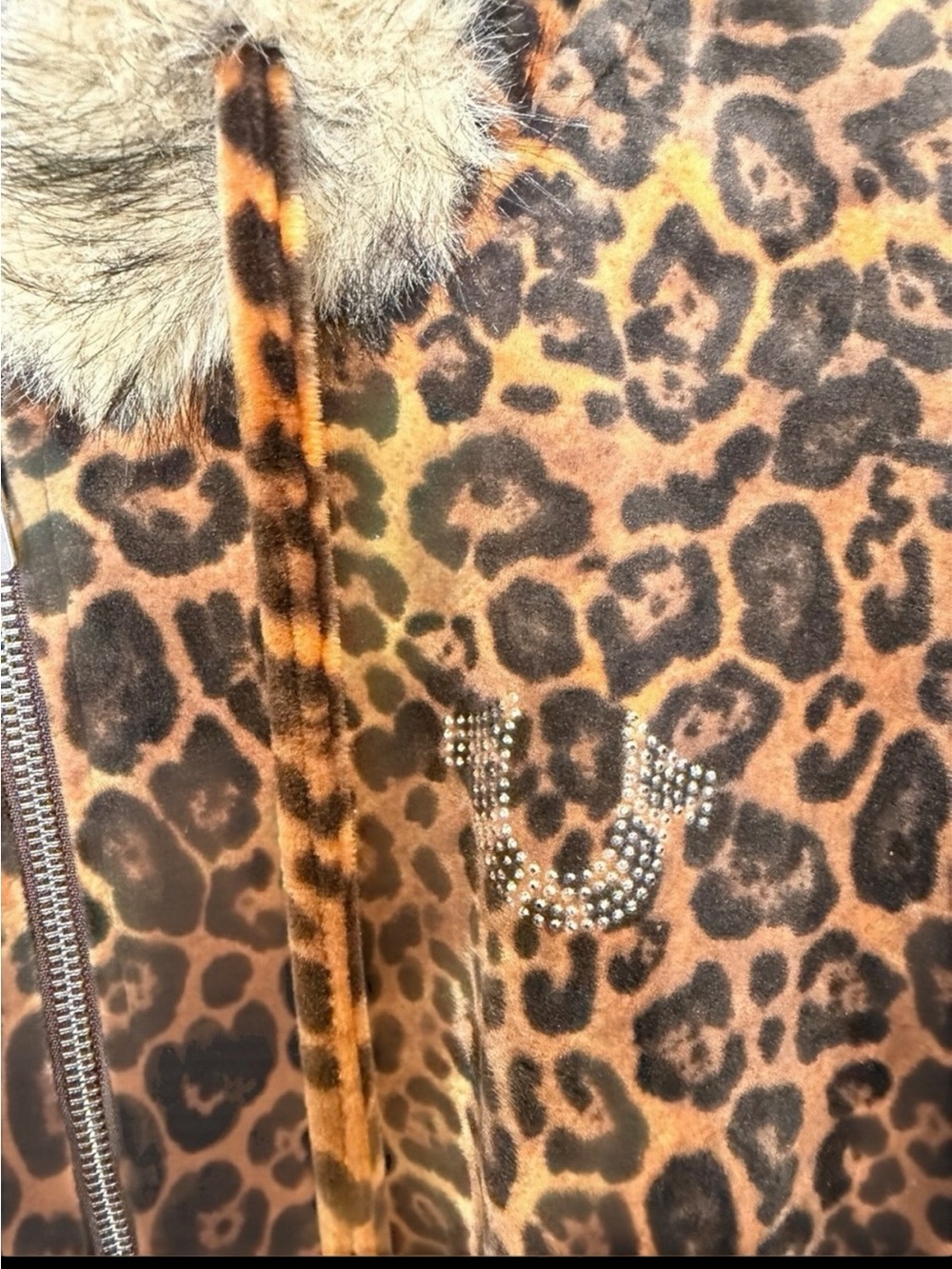 True Religion Leopard Print Velour Zip-Up Hoodie w/ Faux Fur Trim - Picture 3 of 5